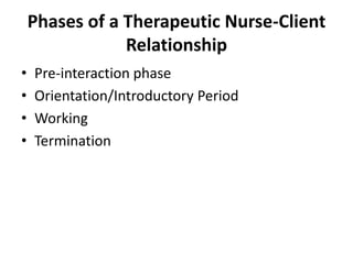 Phases of a Therapeutic Nurse-Client
Relationship
• Pre-interaction phase
• Orientation/Introductory Period
• Working
• Termination
 