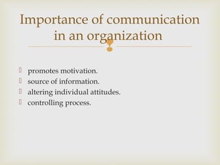 
 promotes motivation.
 source of information.
 altering individual attitudes.
 controlling process.
Importance of communication
in an organization
 
