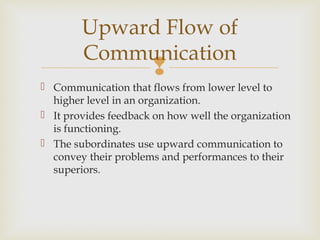 
 Communication that flows from lower level to
higher level in an organization.
 It provides feedback on how well the organization
is functioning.
 The subordinates use upward communication to
convey their problems and performances to their
superiors.
Upward Flow of
Communication
 