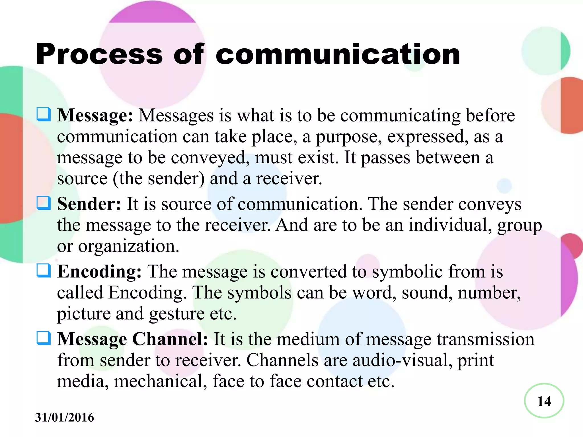 Process of communication
 Message: Messages is what is to be communicating before
communication can take place, a purpose, expressed, as a
message to be conveyed, must exist. It passes between a
source (the sender) and a receiver.
 Sender: It is source of communication. The sender conveys
the message to the receiver. And are to be an individual, group
or organization.
 Encoding: The message is converted to symbolic from is
called Encoding. The symbols can be word, sound, number,
picture and gesture etc.
 Message Channel: It is the medium of message transmission
from sender to receiver. Channels are audio-visual, print
media, mechanical, face to face contact etc.
31/01/2016
14
 