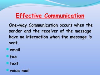 Effective Communication
One-way Communication occurs when the
sender and the receiver of the message
have no interaction when the message is
sent.
email
fax
text
voice mail
 