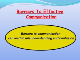 Barriers To Effective
Communication
Barriers to communication
can lead to misunderstanding and confusion
 