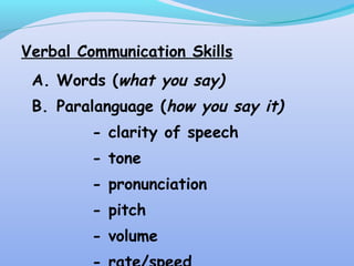 Verbal Communication Skills
A. Words (what you say)
B. Paralanguage (how you say it)
- clarity of speech
- tone
- pronunciation
- pitch
- volume
 
