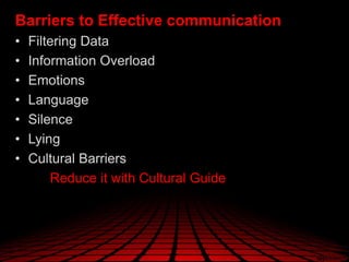 Barriers to Effective communication
• Filtering Data
• Information Overload
• Emotions
• Language
• Silence
• Lying
• Cultural Barriers
Reduce it with Cultural Guide
 