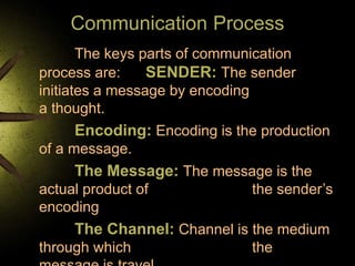Communication Process
The keys parts of communication
process are: SENDER: The sender
initiates a message by encoding
a thought.
Encoding: Encoding is the production
of a message.
The Message: The message is the
actual product of the sender’s
encoding
The Channel: Channel is the medium
through which the
 