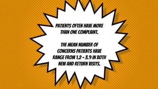 Patients often have more
than one complaint.
The mean number of
concerns patients have
range from 1.2 – 3.9 in both
new and return visits.