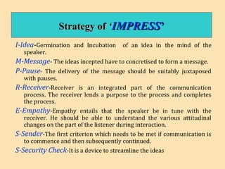 Strategy ofStrategy of ‘‘IMPRESSIMPRESS’’
I-Idea-Germination and Incubation of an idea in the mind of the
speaker.
M-Message- The ideas incepted have to concretised to form a message.
P-Pause- The delivery of the message should be suitably juxtaposed
with pauses.
R-Receiver-Receiver is an integrated part of the communication
process. The receiver lends a purpose to the process and completes
the process.
E-Empathy-Empathy entails that the speaker be in tune with the
receiver. He should be able to understand the various attitudinal
changes on the part of the listener during interaction.
S-Sender-The first criterion which needs to be met if communication is
to commence and then subsequently continued.
S-Security Check-It is a device to streamline the ideas
 