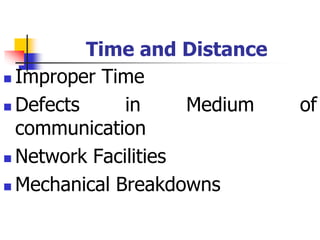 Time and Distance
 Improper Time
 Defects in Medium of
communication
 Network Facilities
 Mechanical Breakdowns
 