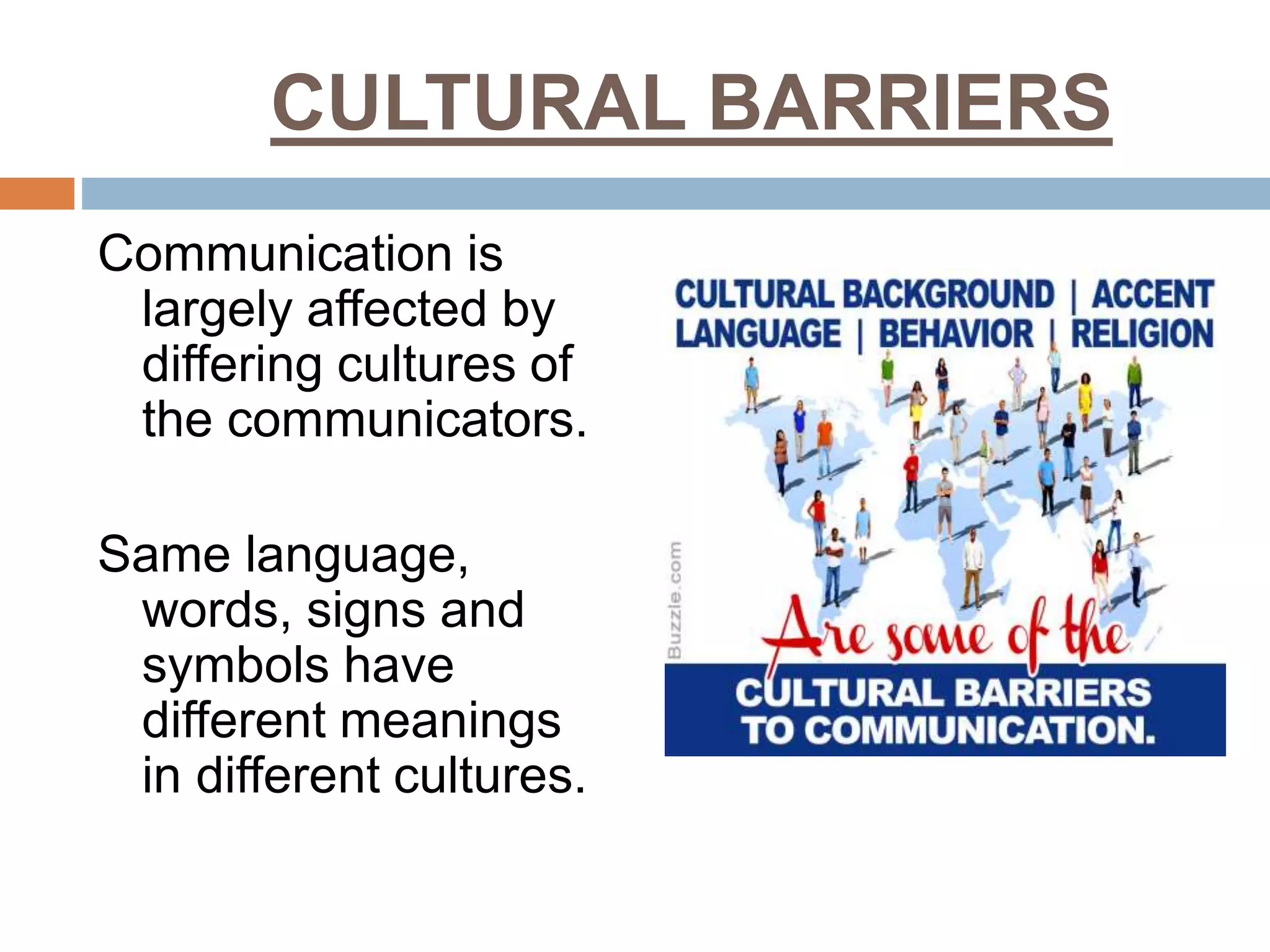 CULTURAL BARRIERS
Communication is
largely affected by
differing cultures of
the communicators.
Same language,
words, signs and
symbols have
different meanings
in different cultures.
 