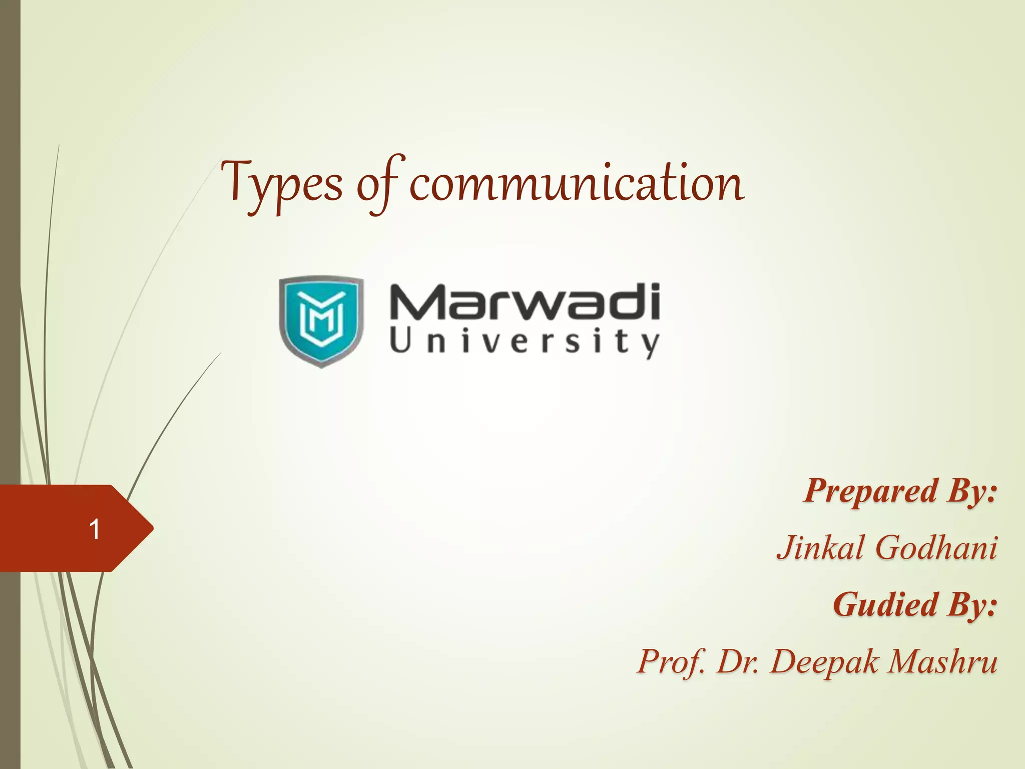 Types of communication
Prepared By:
Jinkal Godhani
Gudied By:
Prof. Dr. Deepak Mashru
1
 