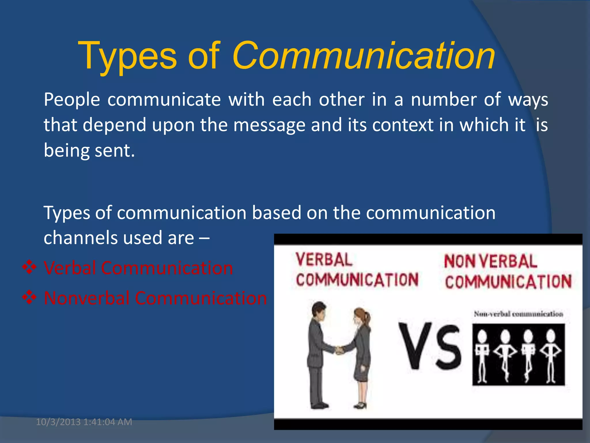Types of Communication
People communicate with each other in a number of ways
that depend upon the message and its context in which it is
being sent.
Types of communication based on the communication
channels used are –
 Verbal Communication
 Nonverbal Communication
10/3/2013 1:41:04 AM 5
 