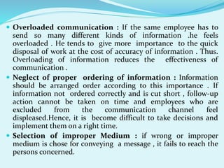  Overloaded communication : If the same employee has to
send so many different kinds of information .he feels
overloaded . He tends to give more importance to the quick
disposal of work at the cost of accuracy of information . Thus.
Overloading of information reduces the effectiveness of
communication .
 Neglect of proper ordering of information : Information
should be arranged order according to this importance . If
information not ordered correctly and is cut short , follow-up
action cannot be taken on time and employees who are
excluded from the communication channel feel
displeased.Hence, it is become difficult to take decisions and
implement them on a right time.
 Selection of improper Medium : if wrong or improper
medium is chose for conveying a message , it fails to reach the
persons concerned.
 