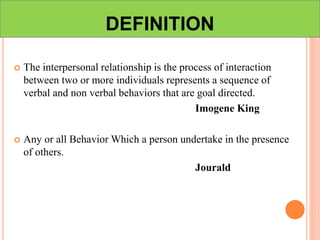 DEFINITION
 The interpersonal relationship is the process of interaction
between two or more individuals represents a sequence of
verbal and non verbal behaviors that are goal directed.
Imogene King
 Any or all Behavior Which a person undertake in the presence
of others.
Jourald
 