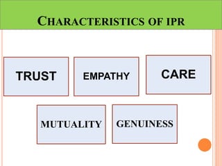 CHARACTERISTICS OF IPR
TRUST EMPATHY CARE
MUTUALITY GENUINESS
 