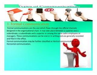 1. Formal Communication
Formal communications are the one which flows through the official channels
designed in the organizational chart. It may take place between a superior and a
subordinate, a subordinate and a superior or among the same cadre employees or
managers. These communications can be oral or in writing and are generally recorded
and filed in the office.and filed in the office.
Formal communication may be further classified as Vertical communication and
Horizontal communication.
 
