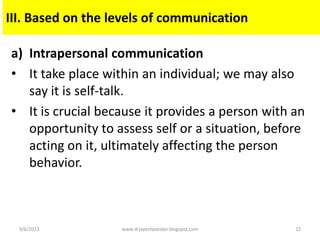 a) Intrapersonal communication
• It take place within an individual; we may also
say it is self-talk.
• It is crucial because it provides a person with an
opportunity to assess self or a situation, before
acting on it, ultimately affecting the person
behavior.
9/6/2013 www.drjayeshpatidar.blogspot.com 22
III. Based on the levels of communication
 