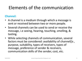 Channel:
• A channel is a medium through which a message is
sent or received between two or more people.
• Several channels can be used to send or receive the
message, i.e seeing, hearing, touching, smelling, &
tasting.
• While selecting channels of communication, several
factors must be considered: availability of channel()s ,
purpose, suitability, types of receivers, types of
message, preference of sender & receivers,
communication skills of the sender, cost, etc.
9/6/2013 9www.drjayeshpatidar.blogspot.com
Elements of the communication
 