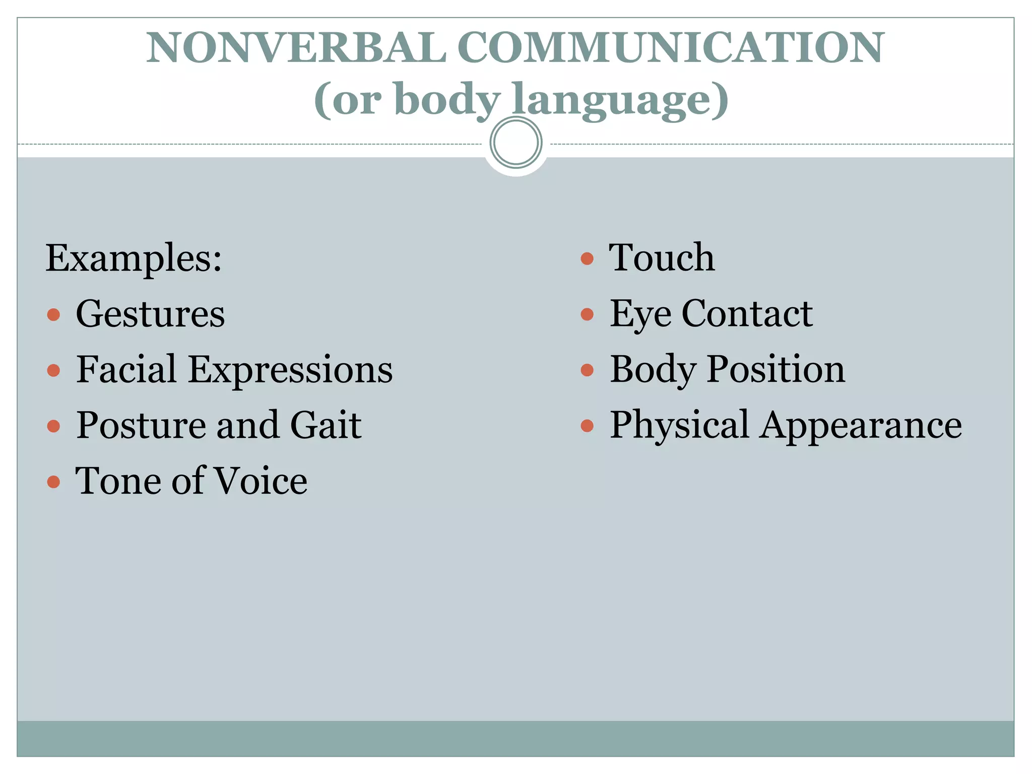 NONVERBAL COMMUNICATION
(or body language)
Examples:
 Gestures
 Facial Expressions
 Posture and Gait
 Tone of Voice
 Touch
 Eye Contact
 Body Position
 Physical Appearance
 