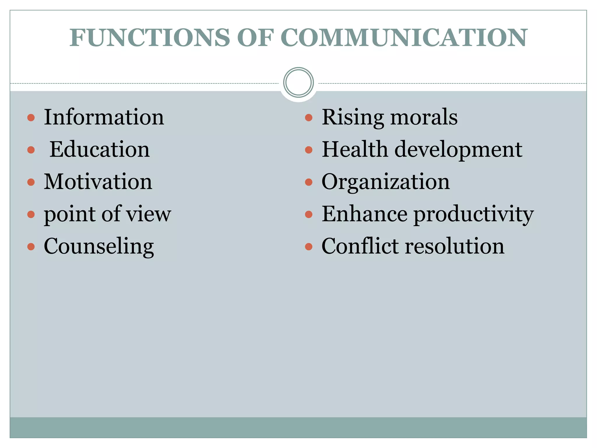 FUNCTIONS OF COMMUNICATION
 Information
 Education
 Motivation
 point of view
 Counseling
 Rising morals
 Health development
 Organization
 Enhance productivity
 Conflict resolution
 