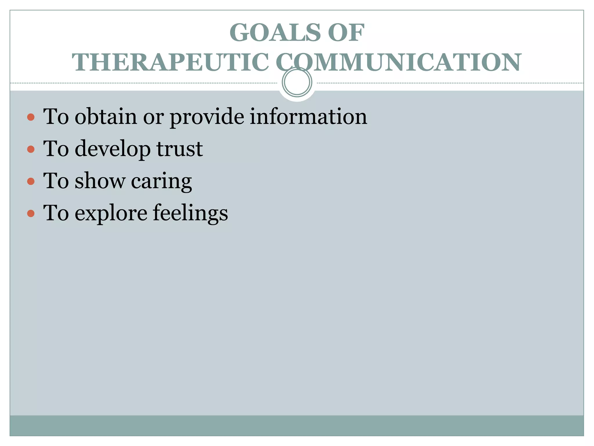 GOALS OF
THERAPEUTIC COMMUNICATION
 To obtain or provide information
 To develop trust
 To show caring
 To explore feelings
 