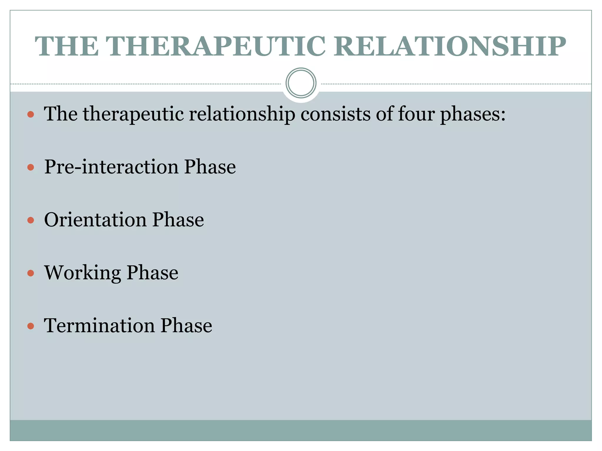 THE THERAPEUTIC RELATIONSHIP
 The therapeutic relationship consists of four phases:
 Pre-interaction Phase
 Orientation Phase
 Working Phase
 Termination Phase
 