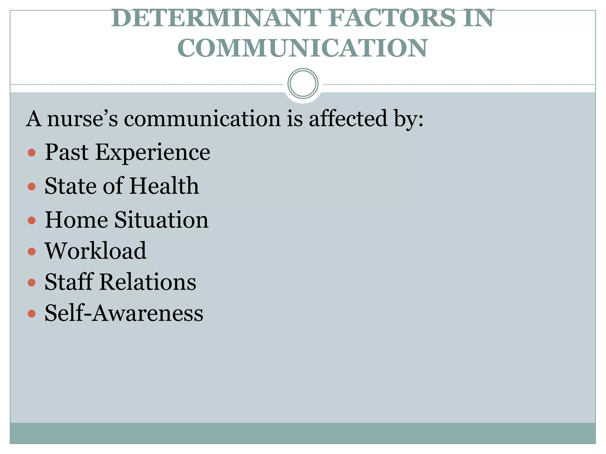 DETERMINANT FACTORS IN
COMMUNICATION
A nurse’s communication is affected by:
 Past Experience
 State of Health
 Home Situation
 Workload
 Staff Relations
 Self-Awareness
 
