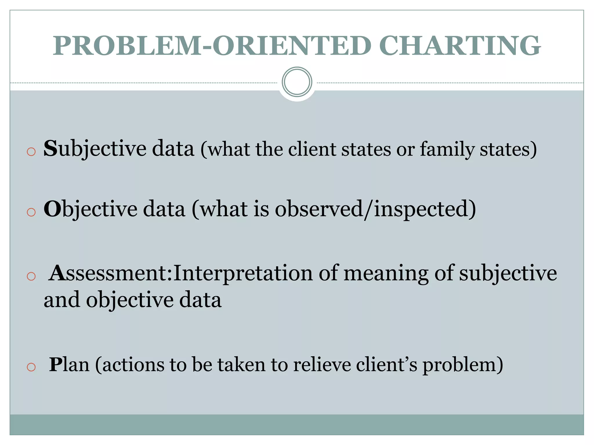 PROBLEM-ORIENTED CHARTING
o Subjective data (what the client states or family states)
o Objective data (what is observed/inspected)
o Assessment:Interpretation of meaning of subjective
and objective data
o Plan (actions to be taken to relieve client’s problem)
 