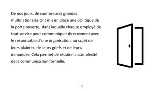 De nos jours, de nombreuses grandes
multinationales ont mis en place une politique de
la porte ouverte, dans laquelle chaque employé de
tout service peut communiquer directement avec
le responsable d'une organisation, au sujet de
leurs plaintes, de leurs griefs et de leurs
demandes. Cela permet de réduire la complexité
de la communication formelle.
13
 