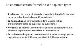 La communication formelle est de quatre types:
• À la hausse : La communication dans laquelle le flux d'informations
passe du subordonné à l'autorité supérieure.
• du haut en bas: La communication dans laquelle le flux
d'informations passe du supérieur au subordonné.
• Horizontal ou latéral: La communication entre deux employés de
différents départements travaillant au même niveau.
• En croix ou en diagonale: La communication entre les employés de
deux départements différents travaillant à différents niveaux.
5
 