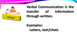 Verbal Communication is the
transfer of information
through written.
Examples:
Letters, text/chats
 