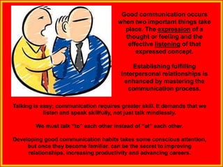 Talking is easy; communication requires greater skill. It demands that we
listen and speak skillfully, not just talk mindlessly.
We must talk “to” each other instead of “at” each other.
Developing good communication habits takes some conscious attention,
but once they become familiar, can be the secret to improving
relationships, increasing productivity and advancing careers.
Good communication occurs
when two important things take
place. The expression of a
thought or feeling and the
effective listening of that
expressed concept.
Establishing fulfilling
interpersonal relationships is
enhanced by mastering the
communication process.
 