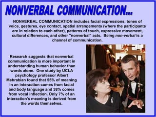 NONVERBAL COMMUNICATION includes facial expressions, tones of
voice, gestures, eye contact, spatial arrangements (where the participants
are in relation to each other), patterns of touch, expressive movement,
cultural differences, and other "nonverbal" acts. Being non-verbal is a
channel of communication.
Research suggests that nonverbal
communication is more important in
understanding human behavior than
words alone. One study by UCLA
psychology professor Albert
Mehrabian found that 55% of meaning
in an interaction comes from facial
and body language and 38% comes
from vocal inflection. Only 7% of an
interaction's meaning is derived from
the words themselves.
 