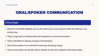 ORAL/SPOKEN COMMUNICATION
Communication Skills 11
Advantage
 Allows for immediate feedback such as the opportunity to ask questions when the meaning is not
entirely clear.
 There is high level of understanding and transparency in oral communication.
 There is flexibility for allowing changes in the decisions.
 Oral communication is an essential for teamwork and group energy
 Oral communication can be best used to transfer private and confidential information/matter.
 