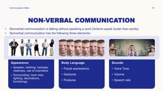 NON-VERBAL COMMUNICATION
• Nonverbal communication is talking without speaking a word (Actions speak louder than words).
• Nonverbal communication has the following three elements:-
Communication Skills 16
Appearance:
• Speaker: clothing, hairstyle,
neatness, use of cosmetics
• Surrounding: room size,
lighting, decorations,
furnishings
Body Language:
• Facial expressions
• Gestures
• Postures
Sounds:
• Voice Tone
• Volume
• Speech rate
 