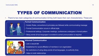 TYPES OF COMMUNICATION
• There’re two main categories of communication & they both bears their own characteristics. These are:
Communication Skills 19
Formal Communication
• Certain Rules, conventions & principles are followed while communicating message
• Formal Communication occurs in official style
• Professional settings, Corporate meetings, conferences undergoes in formal pattern
• Slang words & foul languages is avoided & correct pronunciation is required
Informal Communication
• Just a casual talk
• Established for social affiliation of members in an organization
• No restrictions of using slang words & foul languages, no authority lines.
• Helps to build relationships
 