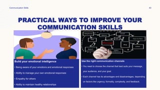 PRACTICAL WAYS TO IMPROVE YOUR
COMMUNICATION SKILLS
Build your emotional intelligence
• Being aware of your emotions and emotional responses
• Ability to manage your own emotional responses
• Empathy for others
• Ability to maintain healthy relationships
Use the right communication channels
• You need to choose the channel that best suits your message,
your audience, and your goal.
• Each channel has its advantages and disadvantages, depending
on factors like urgency, formality, complexity, and feedback.
Communication Skills 40
Build your emotional intelligence
• Being aware of your emotions and emotional responses
• Ability to manage your own emotional responses
• Empathy for others
• Ability to maintain healthy relationships
Use the right communication channels
• You need to choose the channel that best suits your message,
your audience, and your goal.
• Each channel has its advantages and disadvantages, depending
on factors like urgency, formality, complexity, and feedback.
 