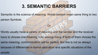 3. SEMANTIC BARRIERS
Semantic is the science of meaning. Words seldom mean same thing to two
person Symbols.
Or
Words usually have a variety of meaning arid the sender and the receiver
have to choose one meaning from among many. If both of them choose the
same meaning, communication will be perfect. But this is not so always
because of differences in formal education and specific situations of the
people.
 