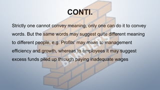CONTI.
Strictly one cannot convey meaning, only one can do it to convey
words. But the same words may suggest quite different meaning
to different people, e.g. Profits‘ may mean to management
efficiency and growth, whereas to employees it may suggest
excess funds piled up through paying inadequate wages
 