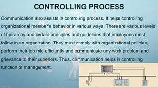 CONTROLLING PROCESS
Communication also assists in controlling process. It helps controlling
organizational member‘s behavior in various ways. There are various levels
of hierarchy and certain principles and guidelines that employees must
follow in an organization. They must comply with organizational policies,
perform their job role efficiently and communicate any work problem and
grievance to their superiors. Thus, communication helps in controlling
function of management.
 