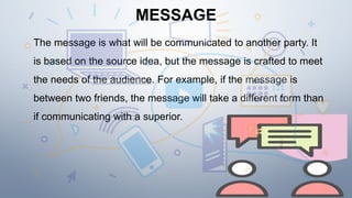 MESSAGE
The message is what will be communicated to another party. It
is based on the source idea, but the message is crafted to meet
the needs of the audience. For example, if the message is
between two friends, the message will take a different form than
if communicating with a superior.
 