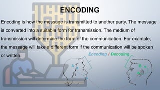 ENCODING
Encoding is how the message is transmitted to another party. The message
is converted into a suitable form for transmission. The medium of
transmission will determine the form of the communication. For example,
the message will take a different form if the communication will be spoken
or written.
 