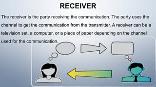 RECEIVER
The receiver is the party receiving the communication. The party uses the
channel to get the communication from the transmitter. A receiver can be a
television set, a computer, or a piece of paper depending on the channel
used for the communication.
 