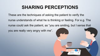 SHARING PERCEPTIONS
These are the techniques of asking the patient to verify the
nurse understands of what he is thinking or feeling. For e.g. The
nurse could ask the patient, as “you are smiling, but I sense that
you are really very angry with me”.
 