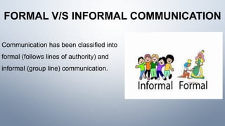 FORMAL V/S INFORMAL COMMUNICATION
Communication has been classified into
formal (follows lines of authority) and
informal (group line) communication.
 