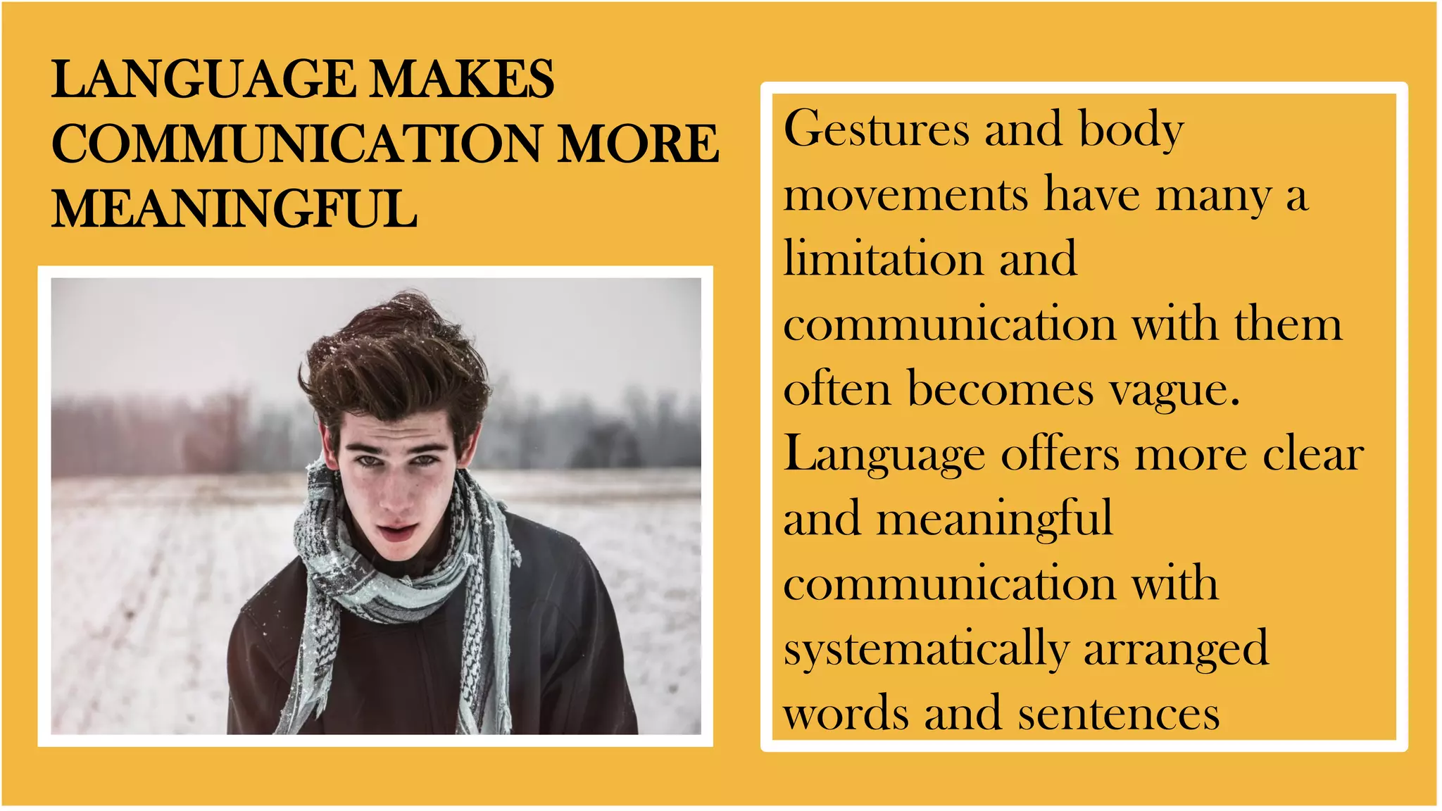 LANGUAGE MAKES
COMMUNICATION MORE
MEANINGFUL
Gestures and body
movements have many a
limitation and
communication with them
often becomes vague.
Language offers more clear
and meaningful
communication with
systematically arranged
words and sentences
 