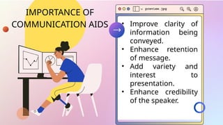 IMPORTANCE OF
COMMUNICATION AIDS • Improve clarity of
information being
conveyed.
• Enhance retention
of message.
• Add variety and
interest to
presentation.
• Enhance credibility
of the speaker.
 