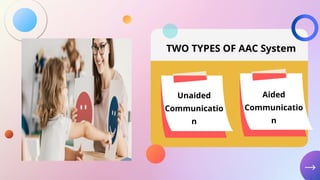 TWO TYPES OF AAC System
Unaided
Communicatio
n
Aided
Communicatio
n
 