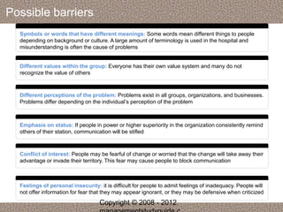 Possible barriers 
Symbols or words that have different meanings: Some words mean different things to people 
depending on background or culture. A large amount of terminology is used in the hospital and 
misunderstanding is often the cause of problems 
Different values within the group: Everyone has their own value system and many do not 
recognize the value of others 
Different perceptions of the problem: Problems exist in all groups, organizations, and businesses. 
Problems differ depending on the individual’s perception of the problem 
Emphasis on status: If people in power or higher superiority in the organization consistently remind 
others of their station, communication will be stifled 
Conflict of interest: People may be fearful of change or worried that the change will take away their 
advantage or invade their territory. This fear may cause people to block communication 
Feelings of personal insecurity: it is difficult for people to admit feelings of inadequacy. People will 
not offer information for fear that they may appear ignorant, or they may be defensive when criticized 
Copyright © 2008 - 2012 
managementstudyguide.c 
 