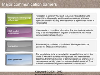 Major communication barriers 
Perception is generally how each individual interprets the world 
around him. All generally want to receive messages which are 
significant to them. But any message which is against their values is 
not accepted 
It is essential to control this information flow else the information is 
likely to be misinterpreted or forgotten or overlooked. As a result 
communication is less effective 
At times we just not listen, but only hear. Messages should be 
ignored for effective communication 
The targets have to be achieved within a specified time period, the 
failure of which has adverse consequences. In a haste to meet 
deadlines, the formal channels of communication are shortened, or 
messages are partially given, i.e., not completely transferred. Thus 
sufficient time should be given for effective communication 
Perceptual and language 
differences 
High load of 
information 
Inattentive 
Time pressures 
Copyright © 2008 - 2012 
managementstudyguide.c 
 