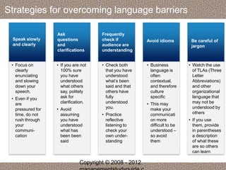 Strategies for overcoming language barriers 
Speak slowly 
and clearly 
Ask 
questions 
and 
clarifications 
Frequently 
check if 
audience are 
understanding 
Avoid idioms Be careful of 
jargon 
• Focus on 
clearly 
enunciating 
and slowing 
down your 
speech. 
• Even if you 
are 
pressured for 
time, do not 
rush through 
your 
communi-cation 
• If you are not 
100% sure 
you have 
understood 
what others 
say, politely 
ask for 
clarification. 
• Avoid 
assuming 
you have 
understood 
what has 
been been 
said 
• Check both 
that you have 
understood 
what’s been 
said and that 
others have 
fully 
understood 
you. 
• Practice 
reflective 
listening to 
check your 
own under-standing 
• Business 
language is 
often 
contextual, 
and therefore 
culture 
specific 
• This may 
make your 
communicati 
on more 
difficult to be 
understood – 
so avoid 
them 
• Watch the use 
of TLAs (Three 
Letter 
Abbreviations) 
and other 
organizational 
language that 
may not be 
understood by 
others 
• If you use 
them, provide 
in parentheses 
a description 
of what these 
are so others 
can learn 
Copyright © 2008 - 2012 
managementstudyguide.c 
 
